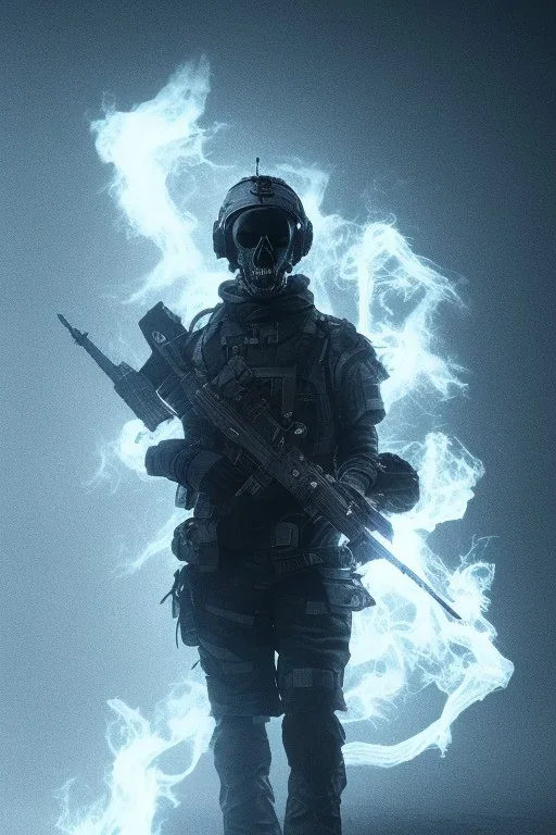 All Black british soldier, ghost, wearing high tech skull mask, white smoke, dark, rage, sorrow, high definition, ultra 8 k, volumetric lighting, blue fire, fog