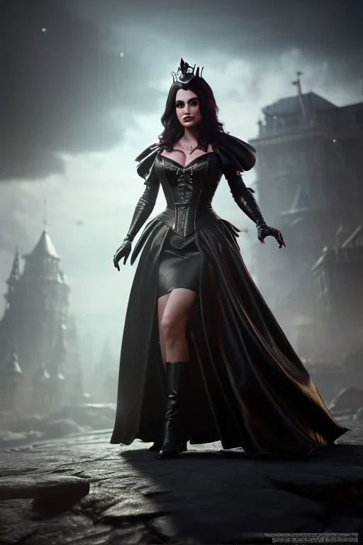 lisa ann as evil queen in black leather gown, cleavage, angry, stern look, unreal 5, octane render,cinema4d, dynamic lighting, dramatic lighting, 4k, redshift render, highly detailed, hyper realistic