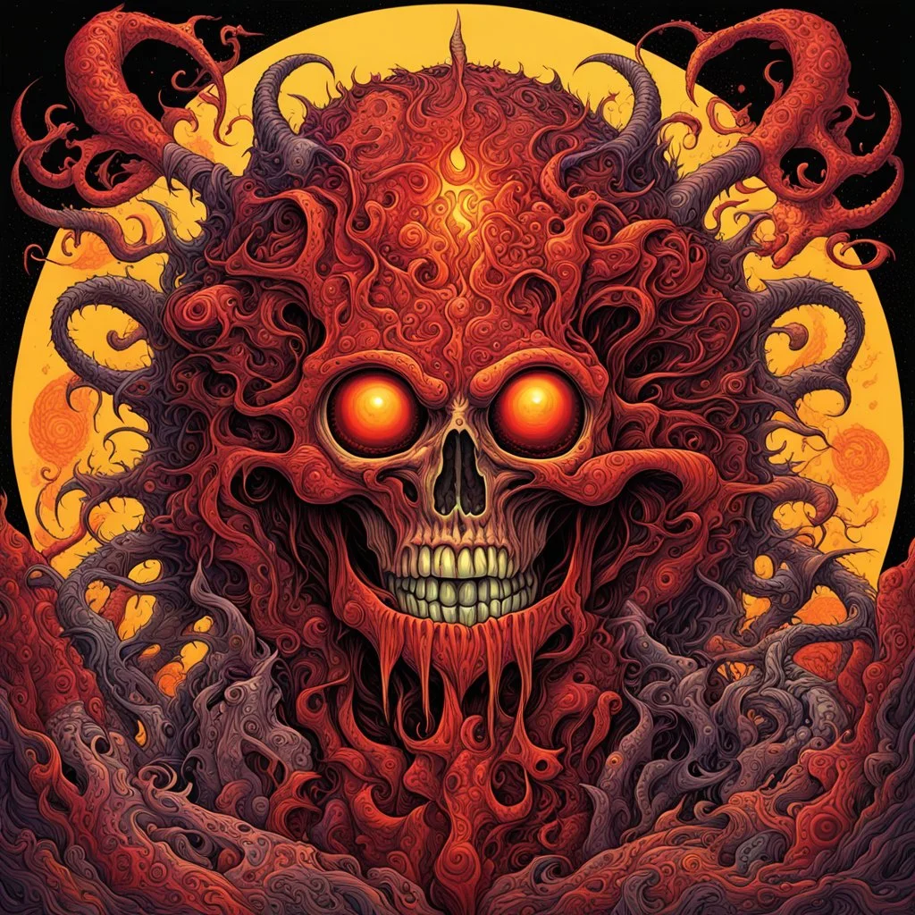 ABYSMAL, Feign eyes paint illusions false but also in truth, Nightmarish visions plagues the mind, horror surrealism, hyperdetailed, by Godmachine and Tim White and Lisa Frank, Death metal album art, expressionism, symbolic art, warm crimson colors, Yellow tints, abyssal dark background, dynamic diagonal composition, sharp contrast