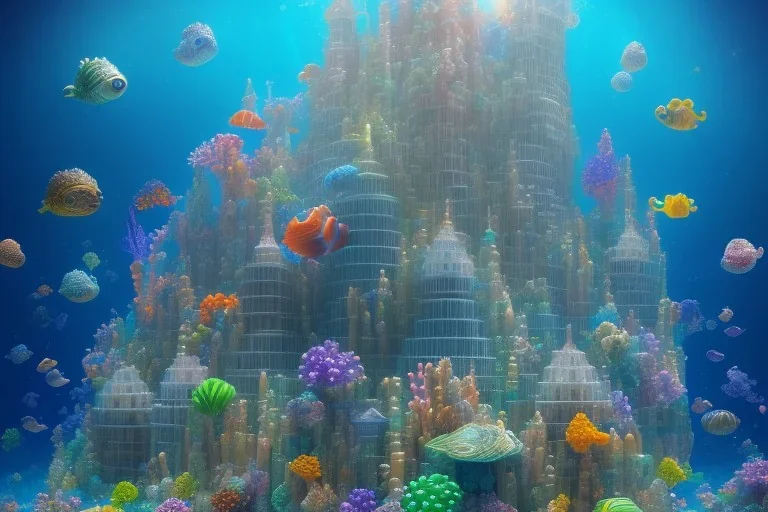 One mile tall underwater plastic city Towers made out of stacked Rubik's Cubes, Orange, white, blue, green. Jewel tones