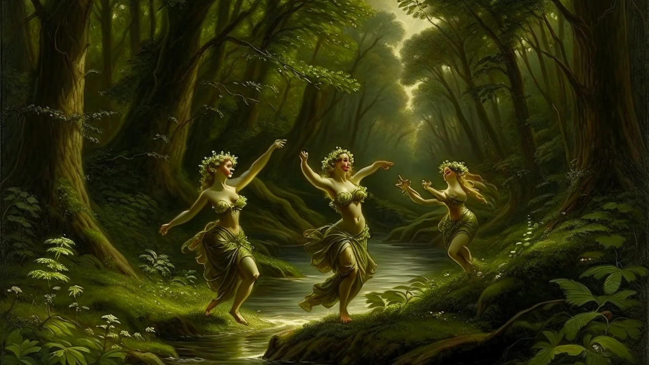 Nymphs Dancing in a stream, in a woodland clearing