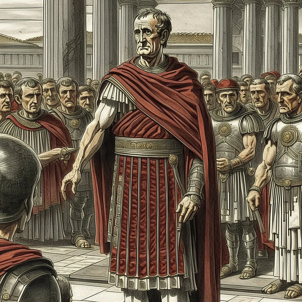 Julius Caesar with ministers addressing the people