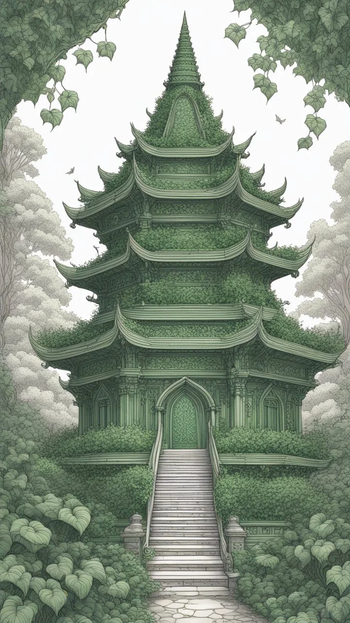 very detailed all Green Buddhist temple surrounded by leaves and ivy, medieval, gothic style, fine line draw style