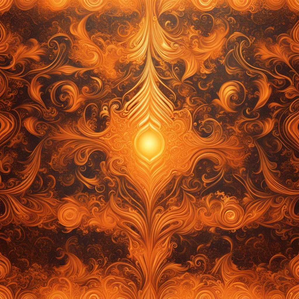 Hyper Realistic Glowing-Golden-Retro-Patterns on orange-background with fire-embers on it