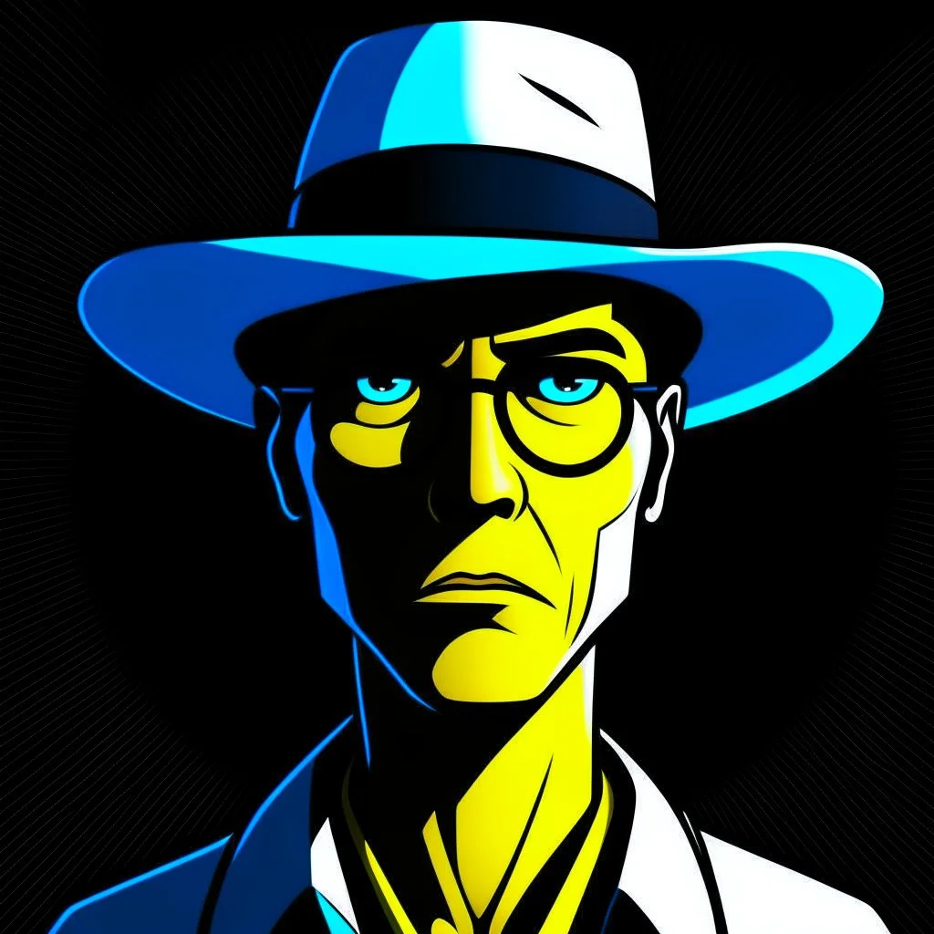 Gustavo Petro, comic style artwork, dark yellow, black and blue, wearing a wide-brimmed hat, wearing a white shirt, calm ando serious