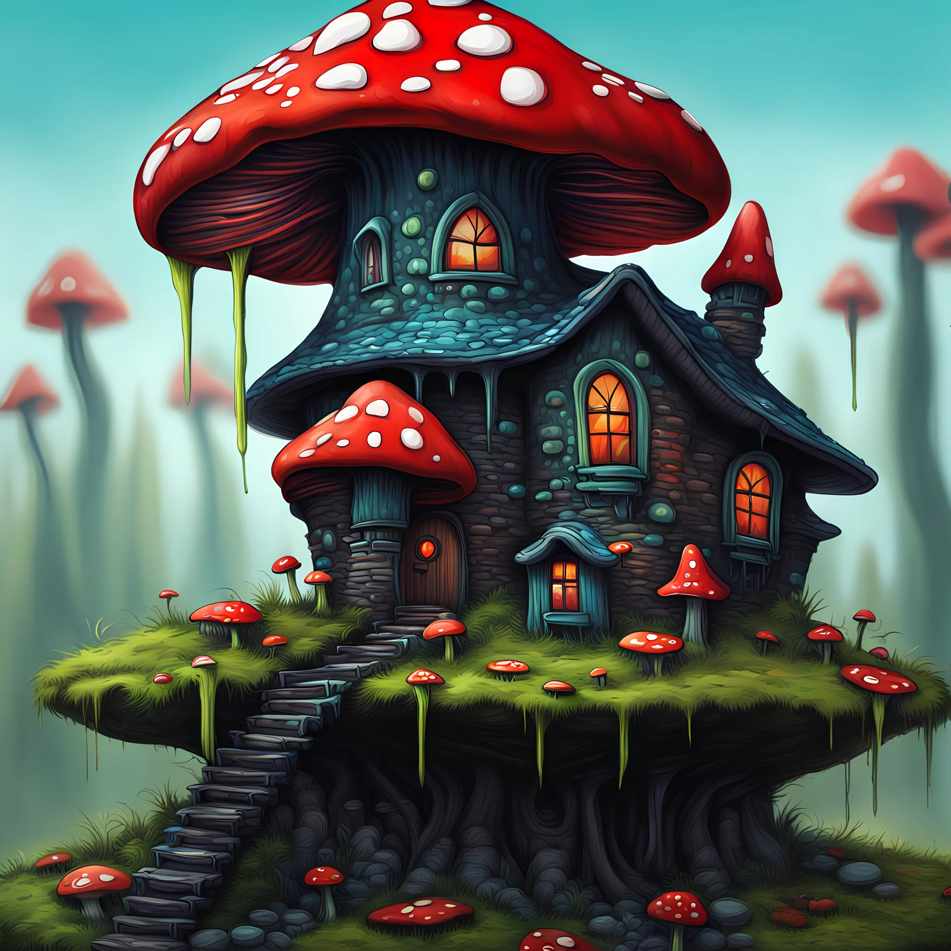 A weird mushroom house with drippy spots and eyeballs on a floating island. black blue green red Detailed gloss Painting, rich color, fantastical, intricate detail, splash screen, hyperdetailed, insane depth, concept art, 8k resolution, trendi