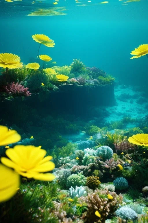 Müge Anlı underwater with yellow flowers for hair, closed eyes, rtx, reflection, 8k, glow, winning photography, caustics