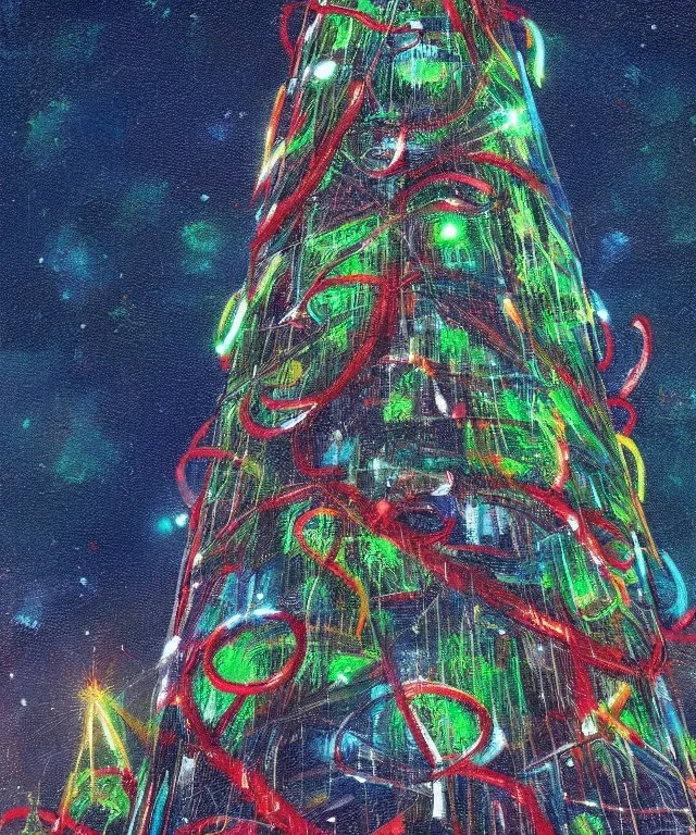 Painting of Christmas tree inside futuristic cyberpunk space ship matrix code