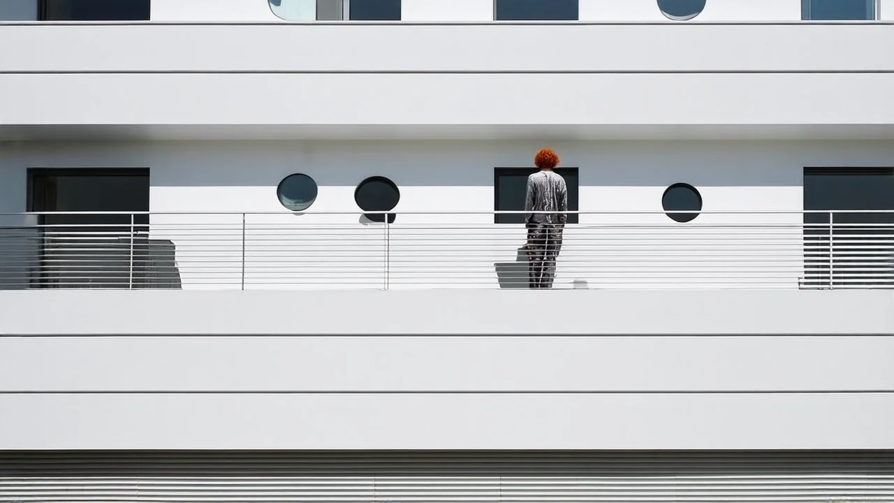 The main focus is a contemporary building characterized by smooth white walls and distinctive circular windows. The architectural design includes horizontal slats that create striking shadow patterns on the ground. The balcony railing is minimalist and runs along the edge of a structure. A single figure is standing on the balcony. The person is dressed in casual yet stylish attire, with red hair that stands out against the white background of the building. He appears to be observing his surround