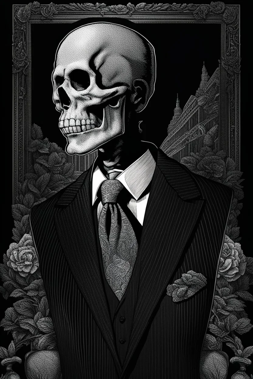 LINE TONE, WSJ STYLE, HEDCUT, ultra high image quality, HEAD AND SHOULDERS SHOT, SKELETON, WEARING A 3 PIECE SUIT, POSED FOR DOLLAR BILL PORTRAIT, , Close-up of an set against AMOLED-worthy pure black backdrop, fantasy art style infused with filter, tailored for vertical wallpaper, exclusive design with no duplicates, radiating beauty suitable for a PC screen image, vivid colors, ultra fine, digital painting, BASED ON THE UNITED STATES TREASURY NOTE ONE DOLLAR BILL