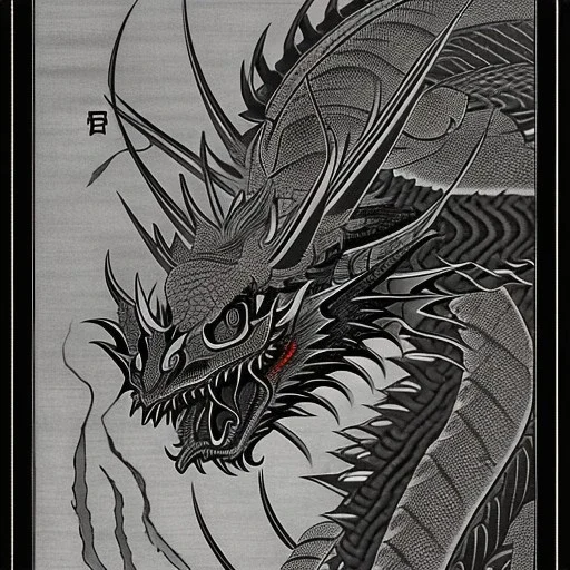 Ukiyo-e styled art, black and white picture with a red dragon