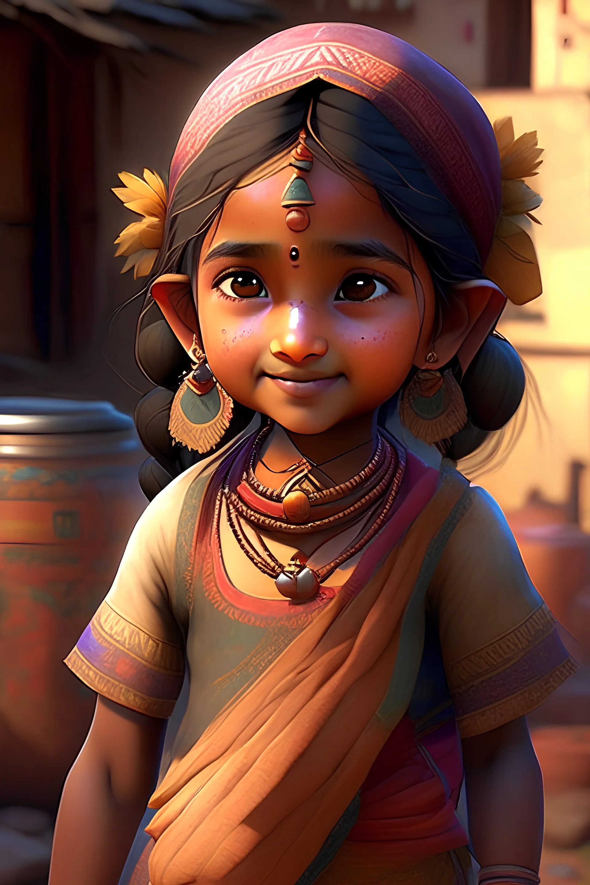 3d , indian village girl, friendly, , trending on artstation, super cute