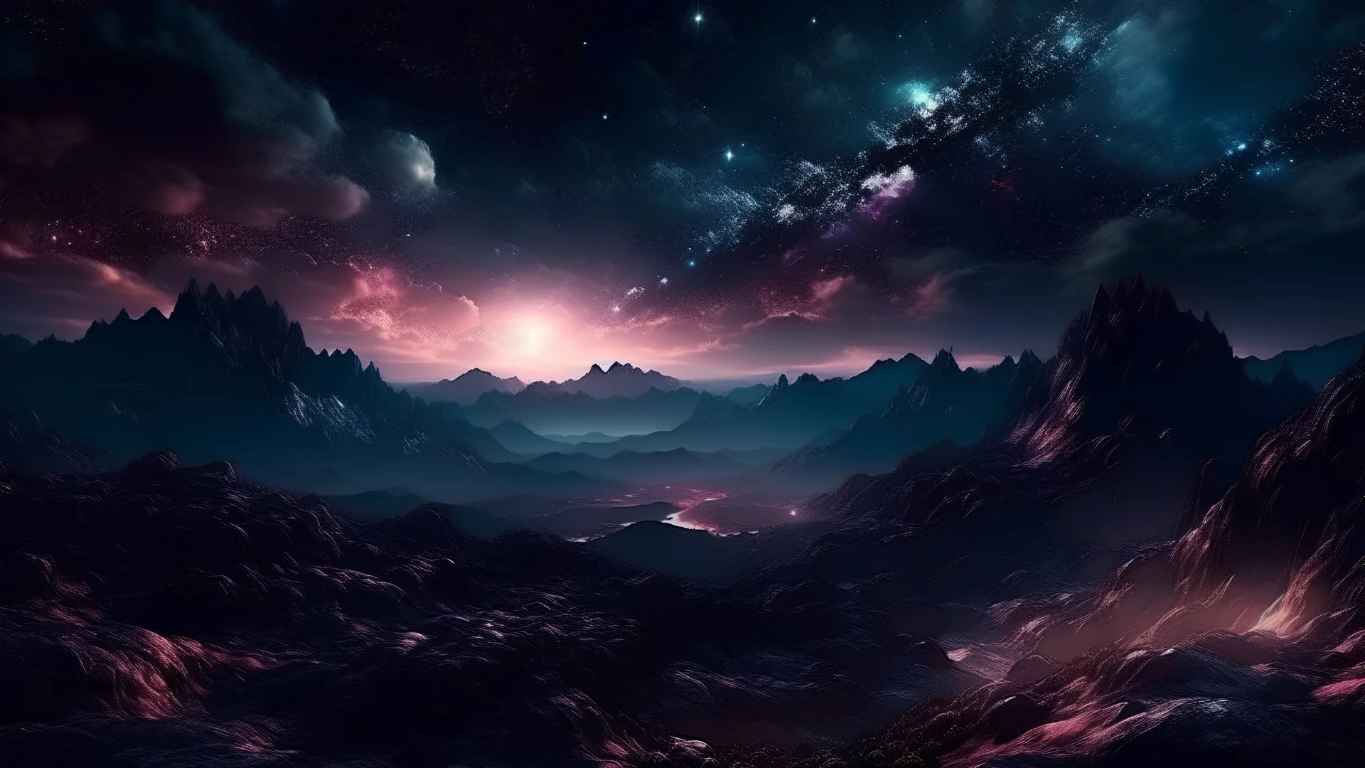 subconscious on magic , realty mountains, only sky, color is dark , where you can see , panorama. Background: An otherworldly bathed in the cold glow of distant stars. gloomy landscape with dramatic HD highlights detailled