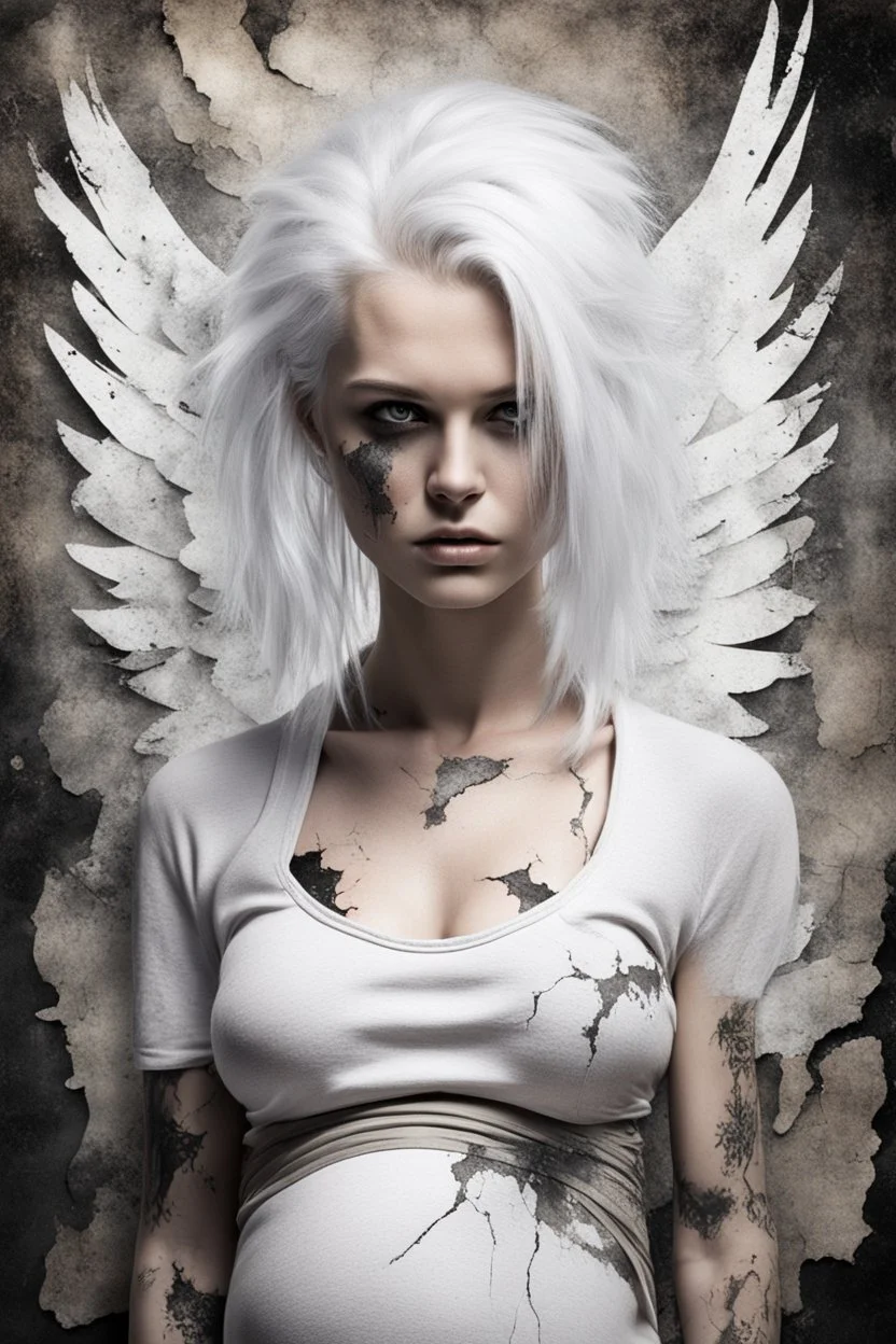 Pregnant Punk, Angel, portrait, white hair, background old canvas torn cracks, mystical