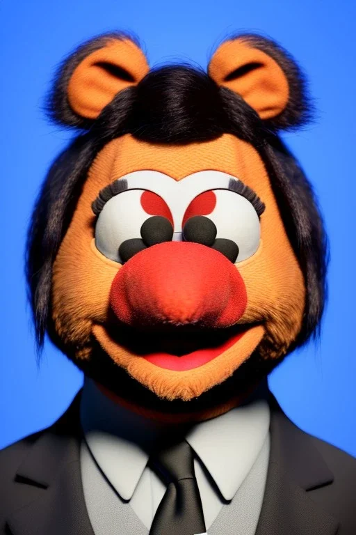 Waist up muppet Portrait, Xi Jinping as muppet doll, Black suit, red tie, photo studio, blue background, unreal engine 5, concept art, art station, god lights, ray tracing, RTX, lumen lighting, ultra detail, volumetric lighting, 3d.