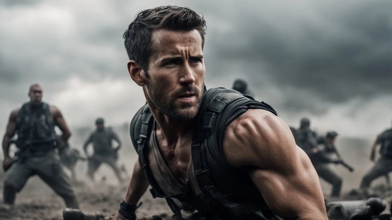 Hyper Realistic handsome-muscular-short-black-hair-Ryan-Reynolds fighting in a war sequence at dark-cloudy-day with dramatic-&-cinematic-ambiance