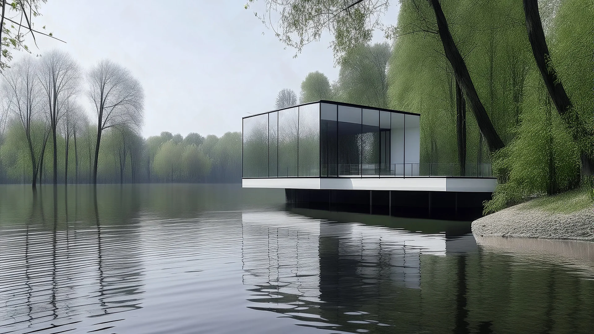 Minimalist house by the river, transparent with a Sagittarius inside