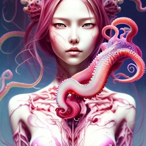 Asian woman, leaning pose, latex suit, pink short hair, octopus, style <Yoji Shinkawa>, Bones, watercolor illustration by <agnes cecile> squid, plants, wildflower, intricate detail , portrait, high lighting, Gradient background,
