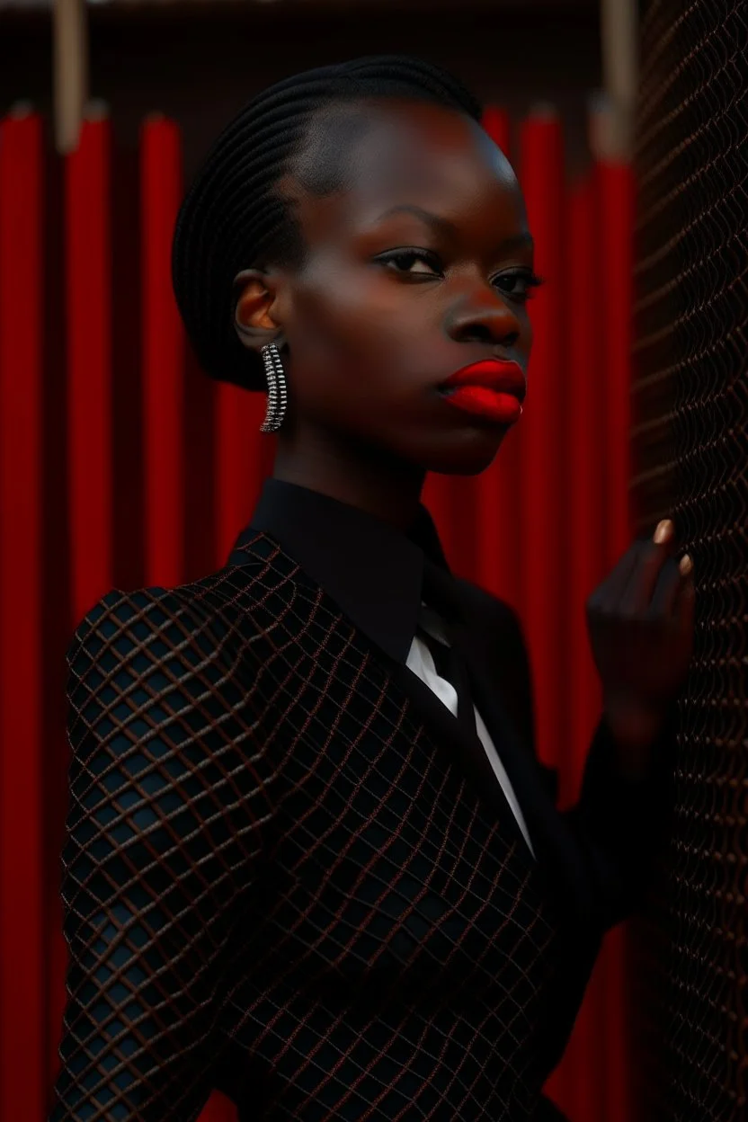 Tall darkskinned woman in black suit; side view, red lips, 16K, image photographic, and behind teh woman a tangle of mesh in the background