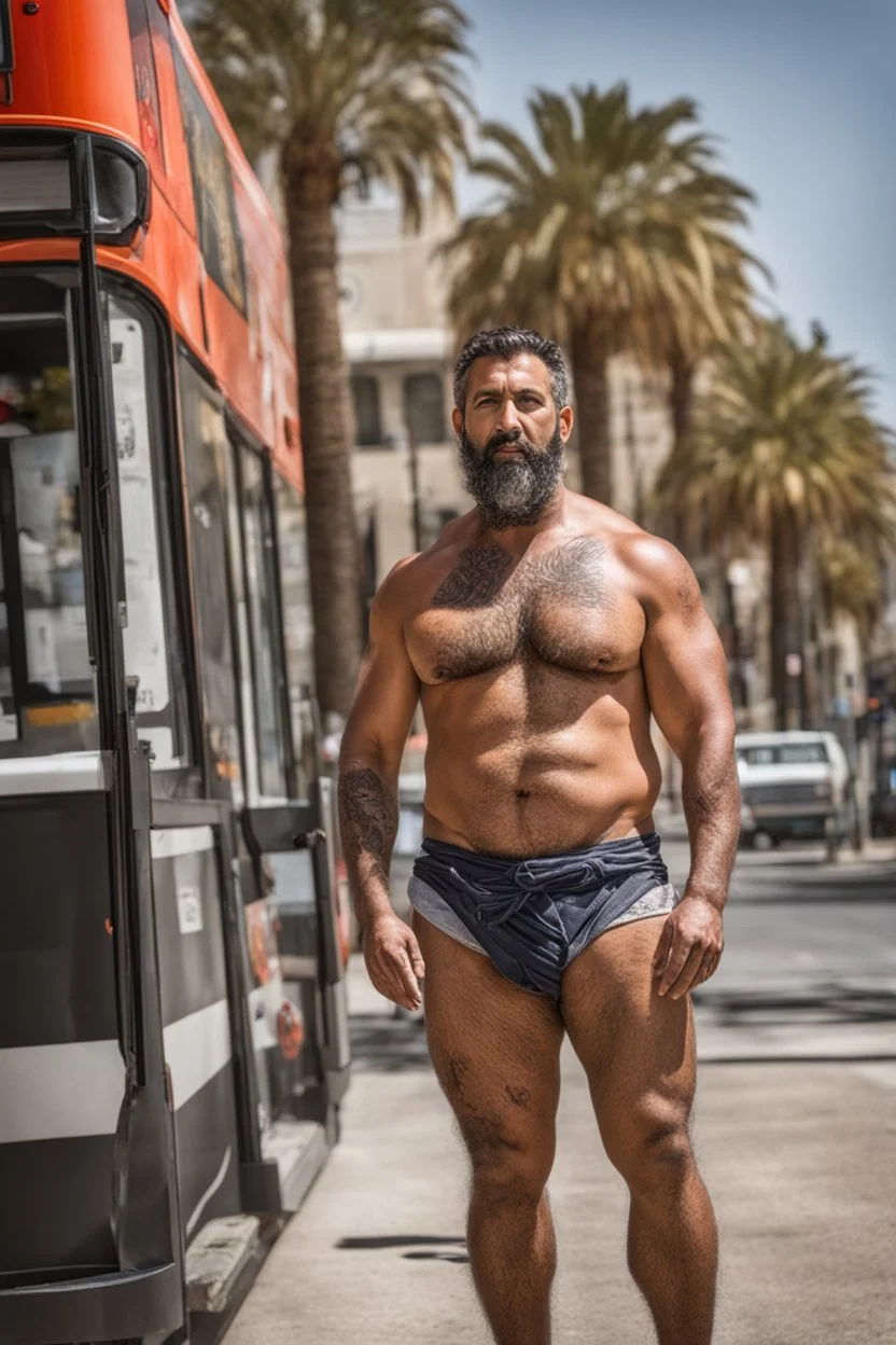 half figure photography of a 44 year old stocky burly arab , shirtless, bulging shorts,at a bus stop, hands on the fap, big shoulders, hairy chest, tattoo, very virile, short beard, short hair, side light, in a sunny street, photorealistic