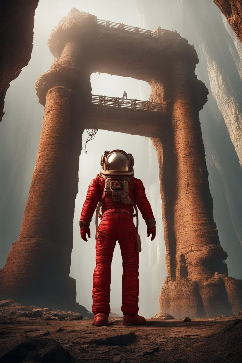 Mysterious huge ancient Rocky pillar with scifi gate attached with a astronaut (red suit) standing near the gate, destroyed, foggy condition wide-angle, cinematic lighting, perfect golden ratio composition detailed ground environment, haze, ultra-detailed, film photography, light leaks, Larry Bud Melman, trending on artstation, sharp focus, studio photo, intricate details, highly detailed, by greg rutkowski