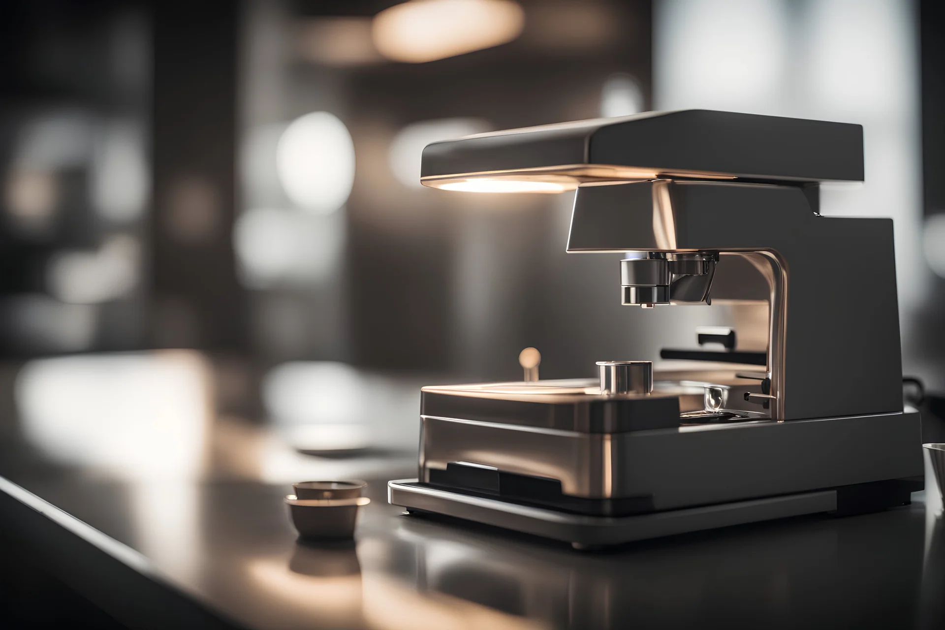 A photo of a modern espresso machine made by Islamic design backlit with a full depth of field