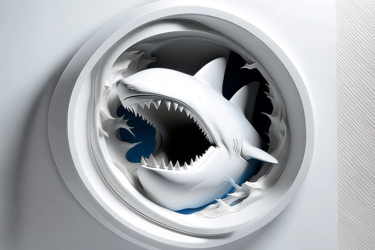 white,background,looking,through,a 3-d, hole,or,window,,a,seeing,shark ,skulpture,like