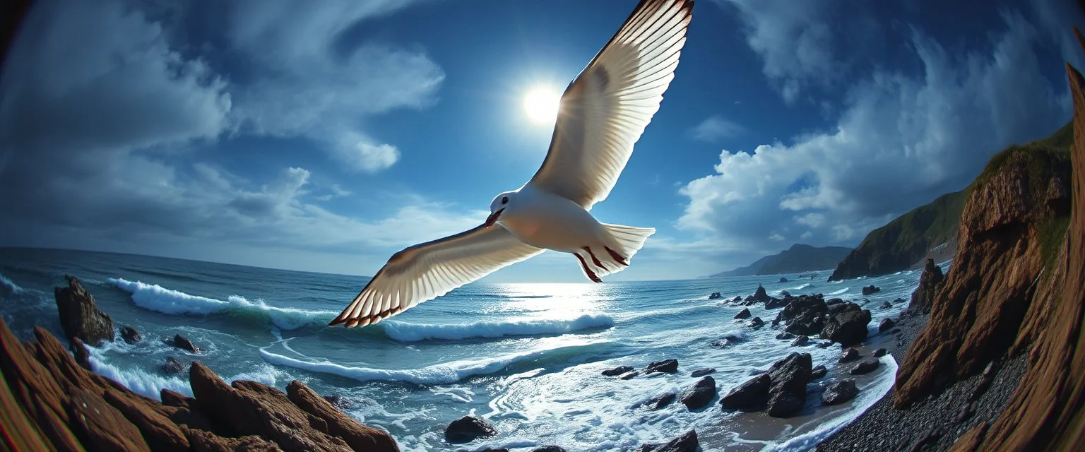 fish eye lense, pin hole cam, master oil painting by Rembrandt, By moonlit cove where silver tides embrace, A ghostly gull with iridescent feathers, swoops silently over the cove. Comment: "I have circled this coast since the world was young. Driftwood sings in knotted tongues, yet I hear your echo in each pulse. Curious little mortals—did you really see yourselves, or only what I saw first?"A neon super long snake yoga nun ghostly gull with iridescent feathers, swoops silently over the cove.