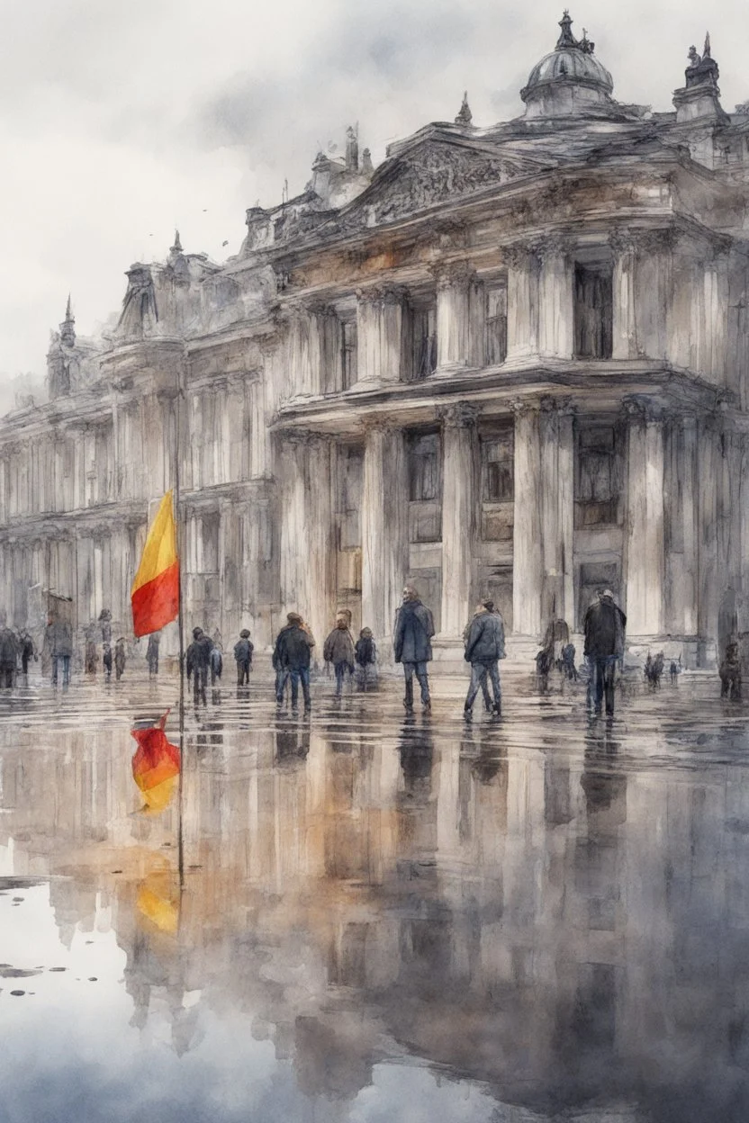 Typical Germany, Reichstag architecture, one small German flag hanging on the facade of the building. People on the street are reflected in a puddle on the asphalt. Watercolor style. 8k quality