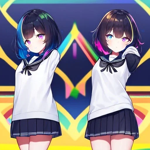 Clear focus,High resolution, Black and Rainbow short fluffy hair, and rainbow eyes, wearing a sailor uniform, must wear a short skirt with a horizontal line, you can only see her from the back, putting on sweater midway