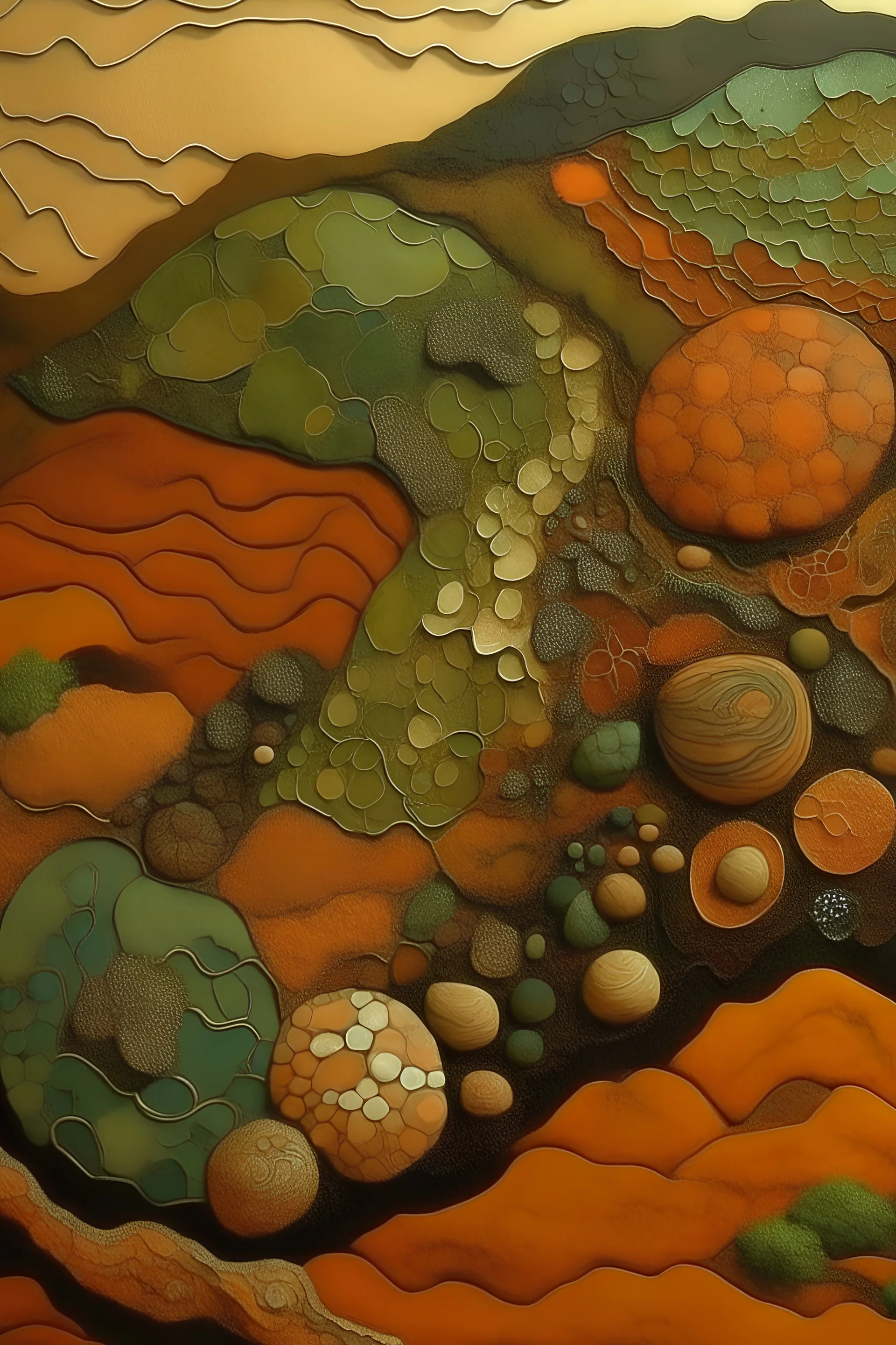 Illustrate a painting made of rich, fertile soil or clay. Within this material, depict the raw potential of creation. Use textures and earthy tones to convey the grounded nature of the material. a paintings that shows earth while using earths materials. make it not too abstract and with a theme present
