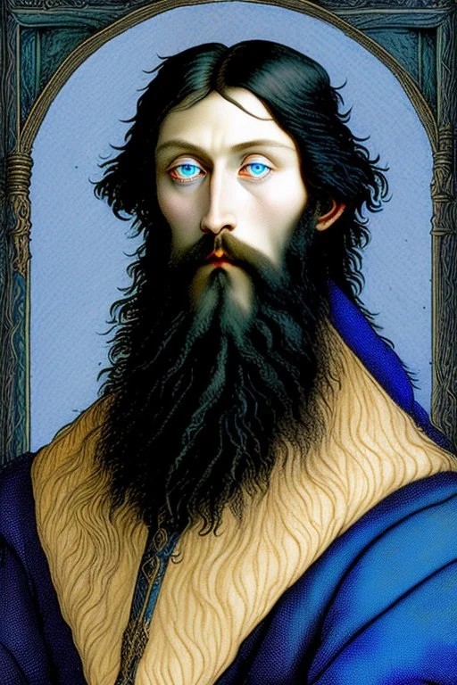 young black haired blue eyed wizard in the style of albrecht durer