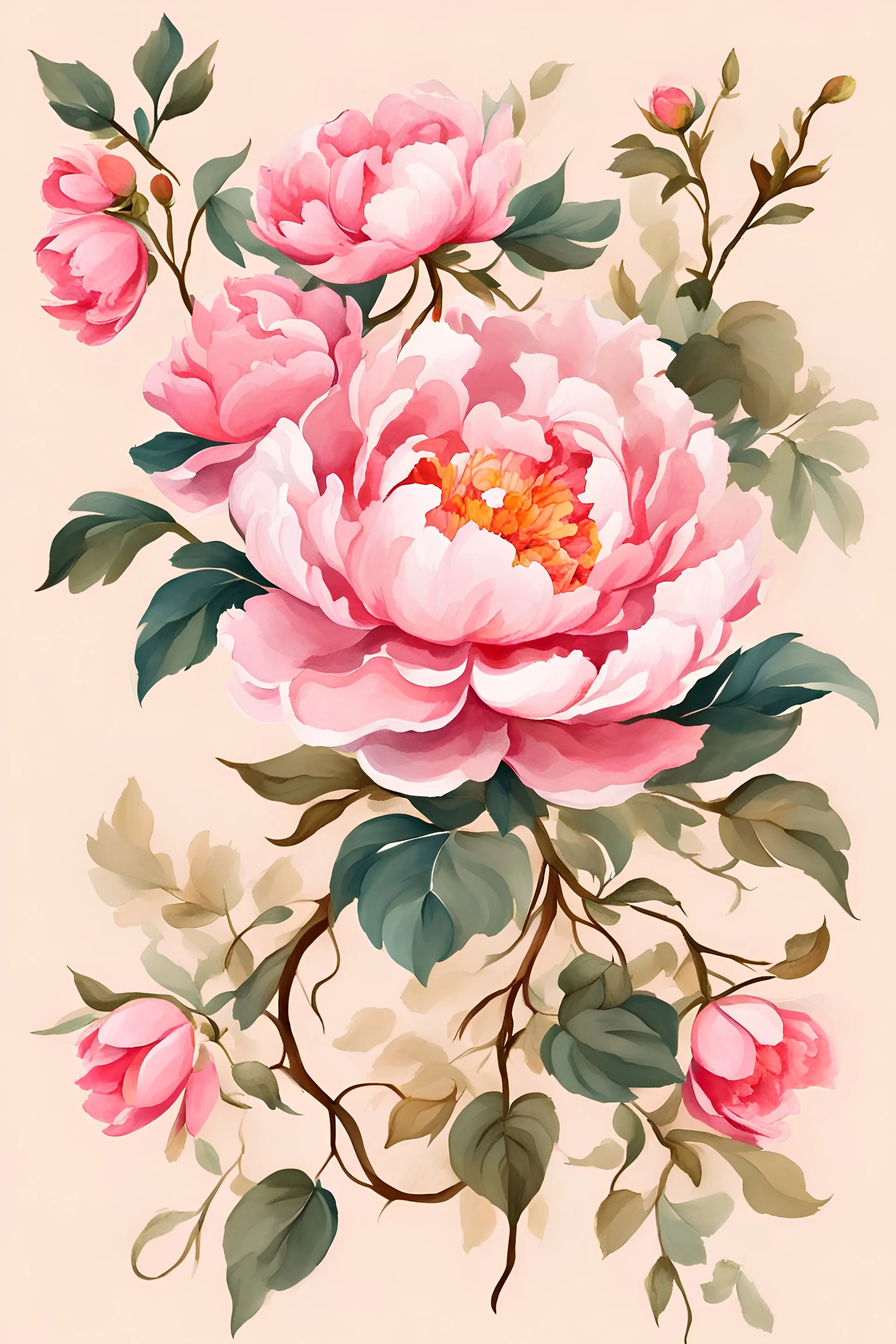 Simple composition abstract art, peony flowers on a vine, colorful and gorgeous, soft and gentle colors, soft beige background, four small flowers, vines, illustrations, two-dimensional animation, watercolor painting, gouache painting, rococo style