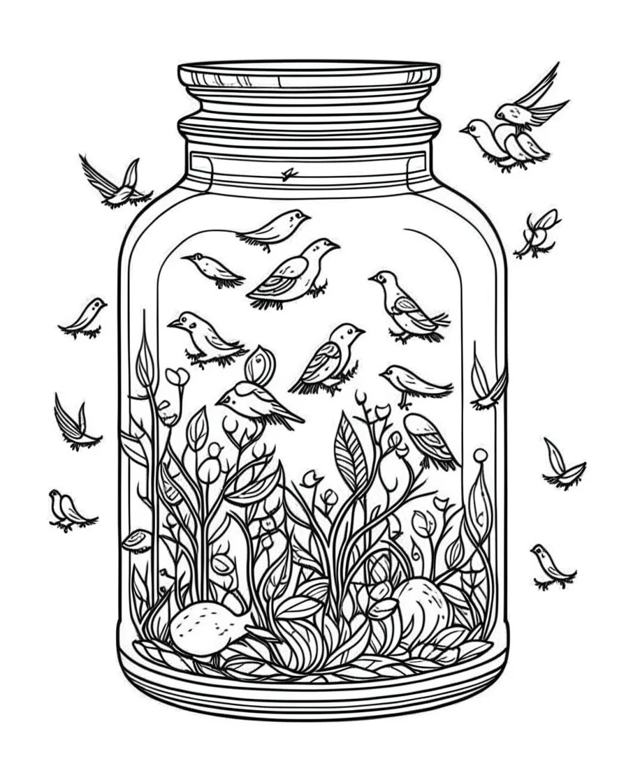 birds on tree life in jar minimalistic, line art, background, vector, svg, coloring book page style, black outline on white background