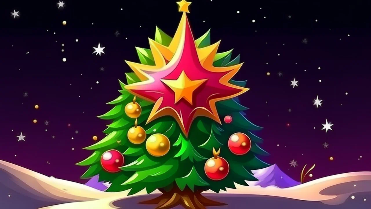 fantasy cartoon style illustration: a golden star on top of the Christmas tree, decorated wit red and purple christmass balls, in the snow