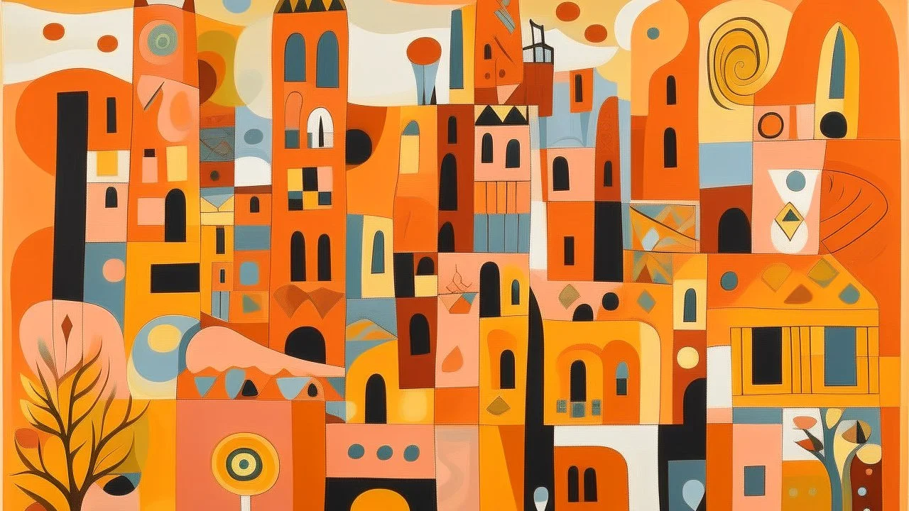 A light rosy orange colored tiny blocky city designed in Australian aboriginal art painted by Pablo Picasso
