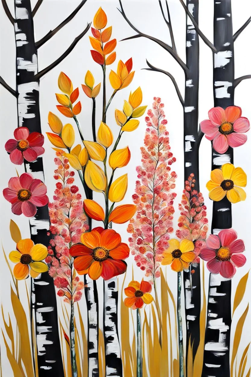 red, orange, yellow, pink flowers before birches. detalied, extremely high textured, botanical theme, with five, very thick layers of paint, with some brush bristles