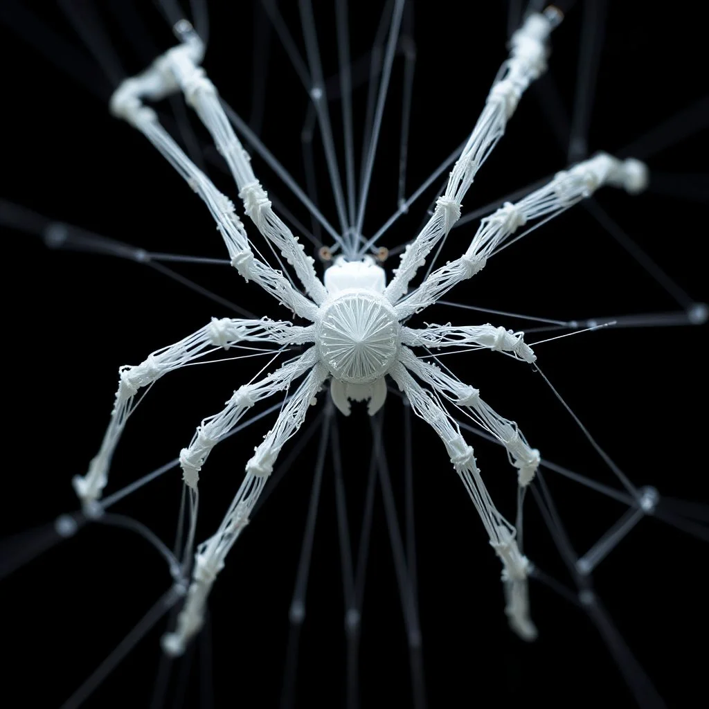 2d yarn and string art, minimalism, macro perspective of spider made entirely out of white string, dark negative space, extreme contrast, concept art, stunning, dramatic, filigree, intricate details, string textures, string web