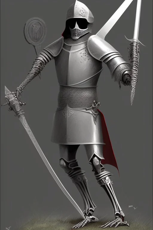 medieval knight walking dramatically forward, sword in hand. A skeleton on his back.