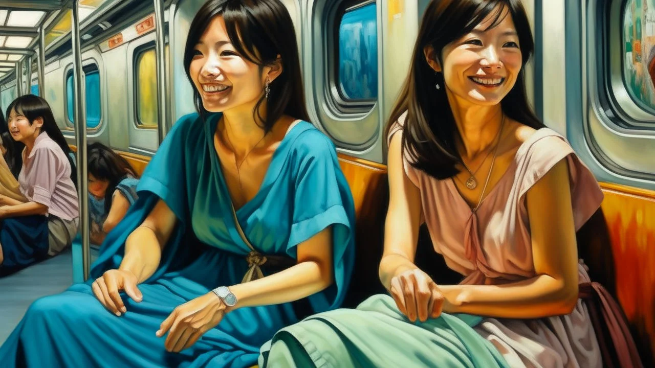 Neoclassicism 2 japanese woman smiling at other woman sitting in metro realistic cote d'azur painting colorfull