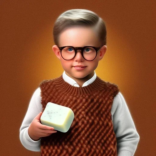 Peter Billingsley chubby kid Tortoise-shell glasses, holding A ((soap bar dark red)) in his hand, brown argyle sweater