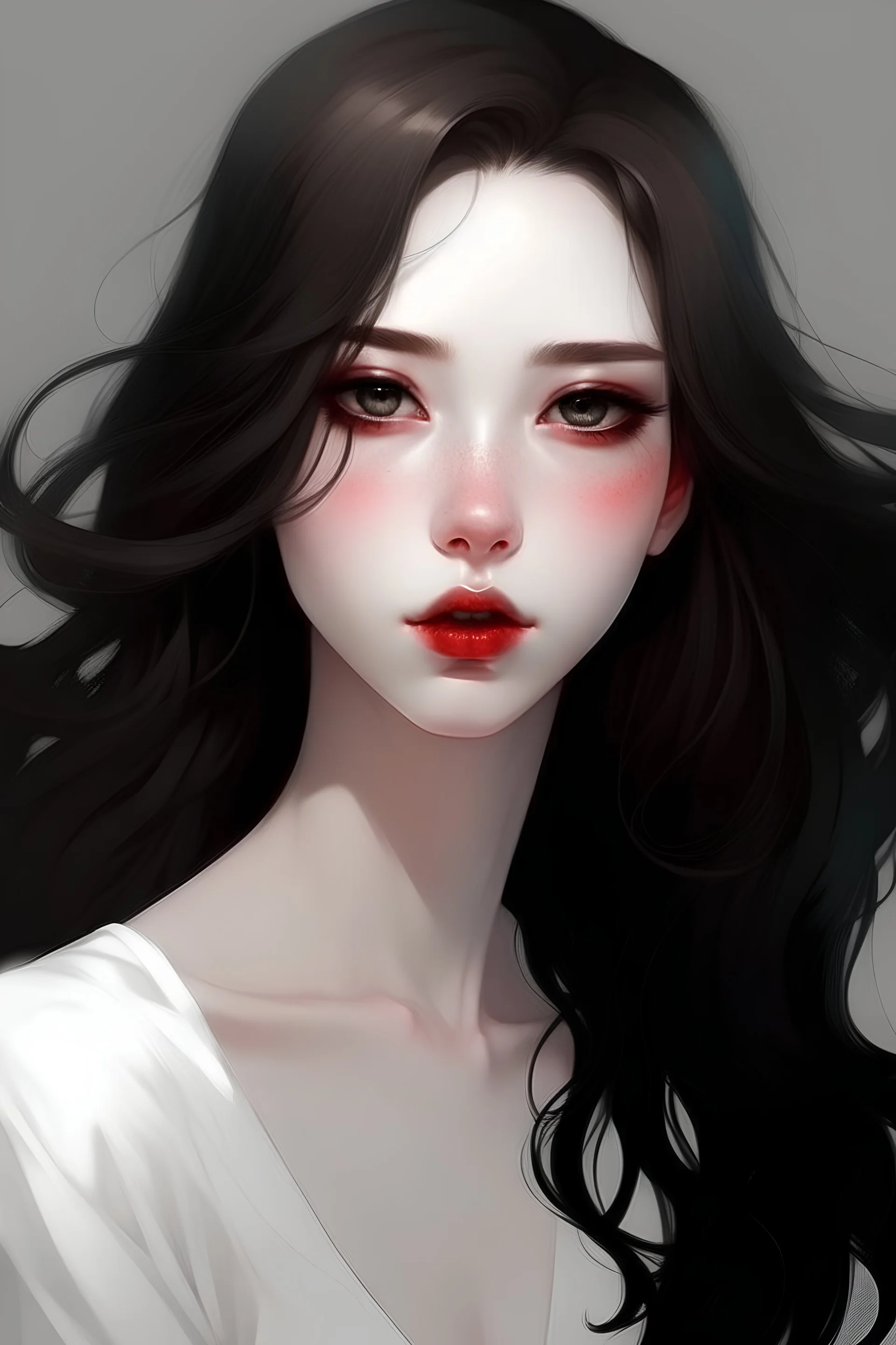 A girl with sharp, beautiful features. Her skin is pale white. Her eyes are red and black color. Her body is slim and long. Her hair is black and wavy.