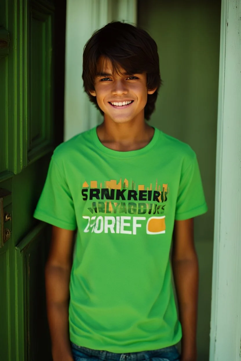 15 year old young boy with lightly tanned skin and medium length brown hair wearing a teeshirt, standing by a door, smiling