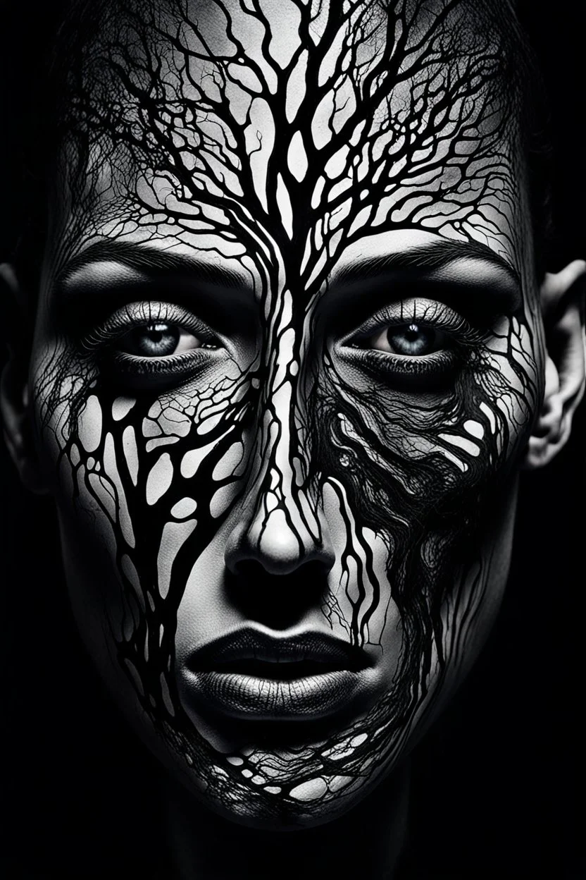 surreal abstract fade human portrait, lack black eyes, under skin fade light led and black veins, Darkness is sometimes, it is the moment of realization. The shadows rising from the depths are not merely terrifying; they are the offspring of our minds, surreal abstract things andt shapes, . darkness looking me, and eating face, body, close up the crepy stunning portrait, shadows, evil darkness, surreal, thiller vibe, background vortex, abyss,crepy vibe, intricate details, cinematic