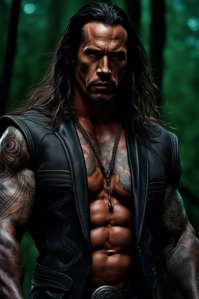 Jason David Frank Very muscular man with long hair and tribal tattoos in armani suit in forest, realistic face, close-up, brutal, dark fantasy, smoke in the sky, lightnings, rain, intricate details, hyper detailed