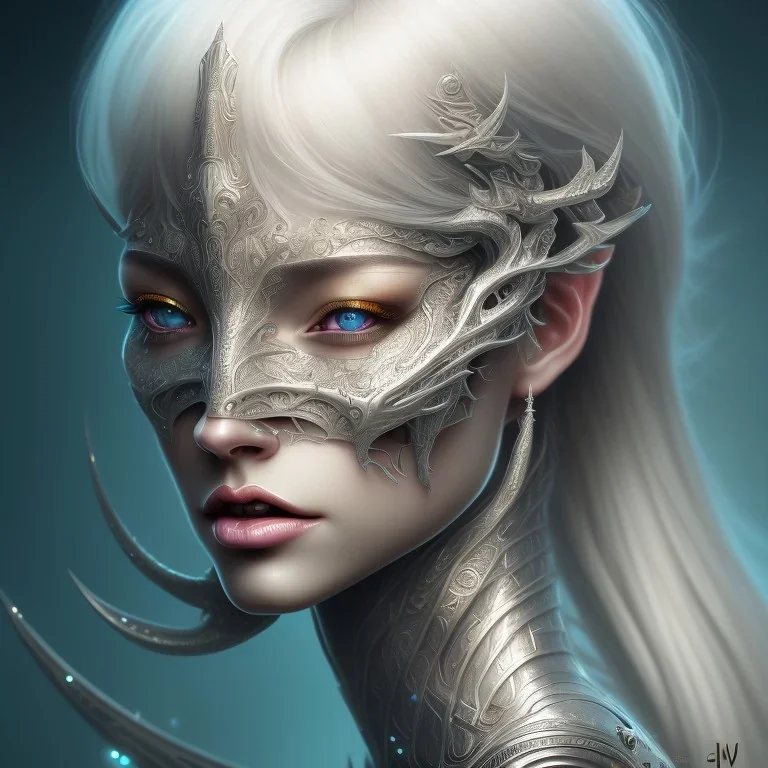 fantasy magic, intricate, sharp focus, illustration, highly detailed, digital painting, concept art, matte, masterpiece head sexy front view black blonde beauty space lady silver carp skin one head blonde space night