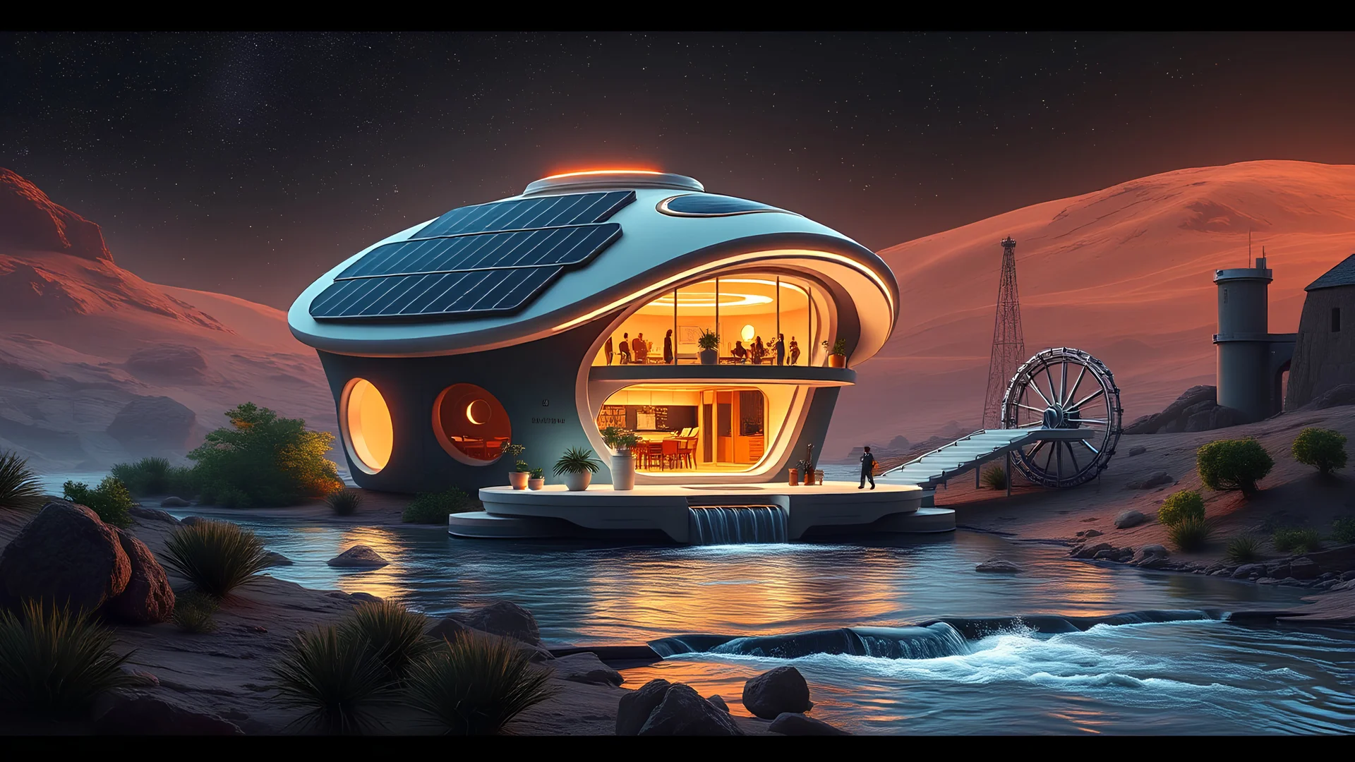 6003. Innovative environmentally-friendly home on Mars, solar panels, water wheel in river, alternative energy, scientific experiment, home of the future, fantasy, robotic, automated, spectacular, futuristic, beautiful lighting, attractive composition, photorealistic, extremely detailed, chiaroscuro