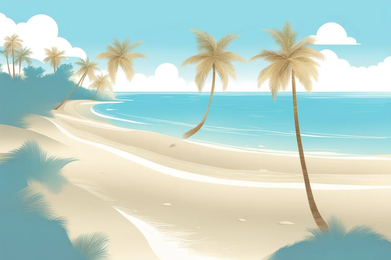 A tranquil beach setting with clear blue waters, golden sand, and palm trees.