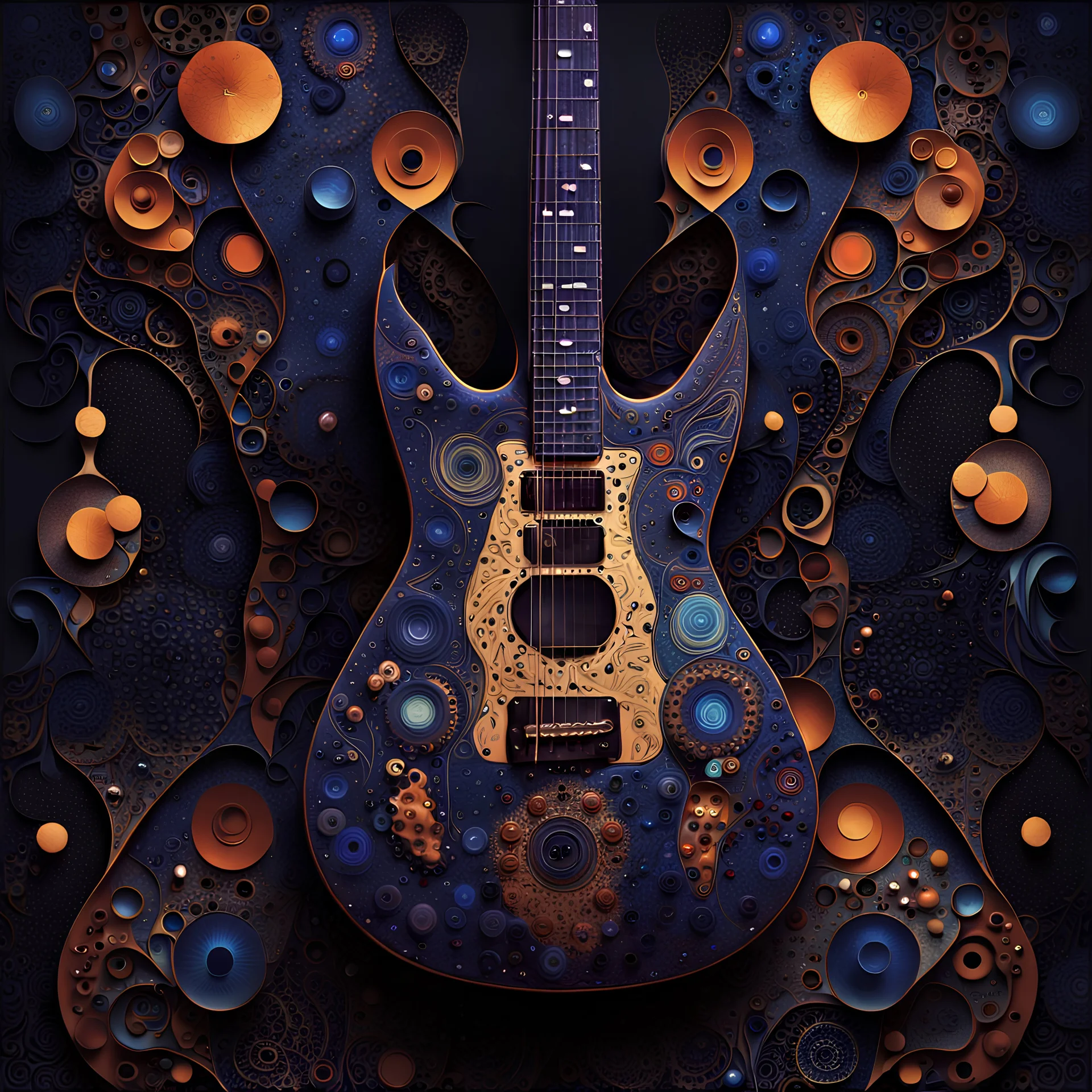 deep dark luminescence rich colors, reminiscent of abstract luxury, minimalist abstract pattern with dots and lines, clean with some abstract elements, with dark colors , trending on artstation, sharp focus, studio photo, intricate details, highly detailed, by Gustav Klimt, Antonio Gaudi, greg rutkowski, fantasy geometric galaxy bird plants. Make a picture of an electric guitar. The guitar must be electric. The guitar must be big. The guitar must be upright. . The guitar should have light notes