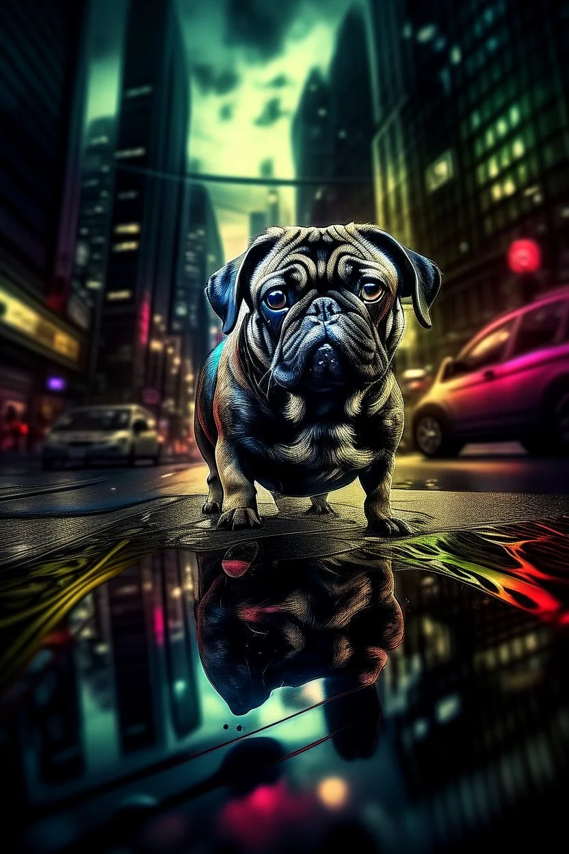 pug, in the reflection of which you can see a bat that is close to him and is about to hit and the bright colors of a busy city::3 chromatic::1.8 comicbook::2.4 dark matter::1.4 dna::1.5 dripping paint::1.5 ultra wide angle lens::2.4 cymk::1.3 gray::3.4 grayscale color::1.9 indigo::1.6 matte black color::2.1 neon blue color::2 neon orange color::2.2 rgb::3.2 --quality 1